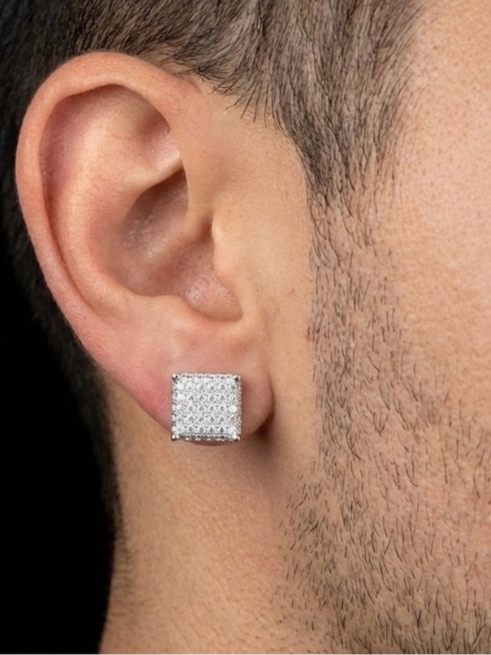 Sterling Silver Square Pave Stud Earrings - White